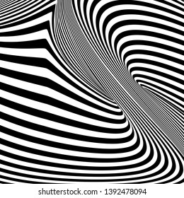 Abstract black and white striped background. Geometric pattern with visual distortion effect. Optical illusion. Op art.