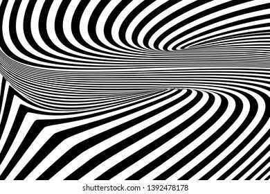 Abstract black and white striped background. Geometric pattern with visual distortion effect. Optical illusion. Op art.