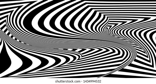 Abstract black and white striped background. Geometric pattern with visual distortion effect. Optical illusion. Op art.