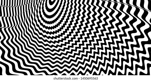 Abstract black and white striped background. Geometric pattern with visual distortion effect. Optical illusion. Op art.