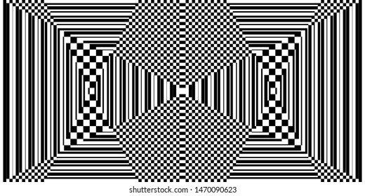 Abstract black and white striped background. Geometric pattern with visual distortion effect. Optical illusion. Op art.