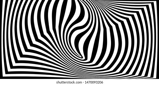 Abstract black and white striped background. Geometric pattern with visual distortion effect. Optical illusion. Op art.