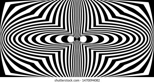 Abstract black and white striped background. Geometric pattern with visual distortion effect. Optical illusion. Op art.
