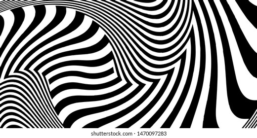 Fondo de rayas blancas y negras abstractas. Patrón geométrico con efecto de distorsión visual. Ilusión óptica. Op art.