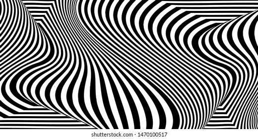 Abstract black and white striped background. Geometric pattern with visual distortion effect. Optical illusion. Op art.