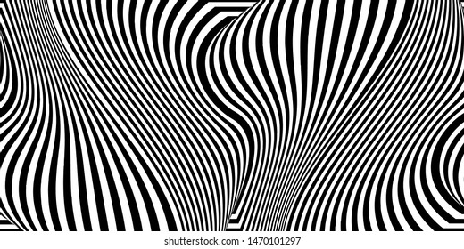 Abstract black and white striped background. Geometric pattern with visual distortion effect. Optical illusion. Op art.
