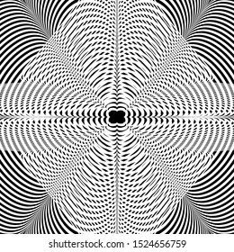 Abstract black and white striped background. Geometric pattern with visual distortion effect. Optical illusion. Op art.