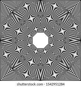 Abstract black and white striped background. Geometric pattern with visual distortion effect. Optical illusion. Op art.