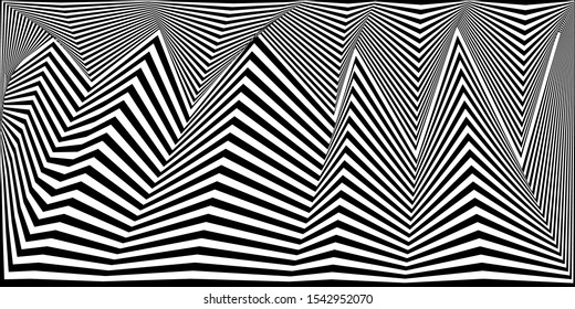 Abstrakter, schwarz-weißer, gestreifter Hintergrund. Geometrisches Muster mit visueller Verzerrungswirkung. Optische Illusion. Op Art.