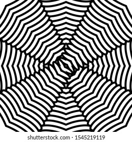 Abstract black and white striped background. Geometric pattern with visual distortion effect. Optical illusion. Op art.