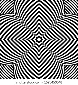 Abstract black and white striped background. Geometric pattern with visual distortion effect. Optical illusion. Op art.
