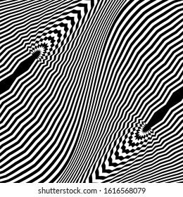 Abstract black and white striped background. Geometric pattern with visual distortion effect. Optical illusion. Op art.