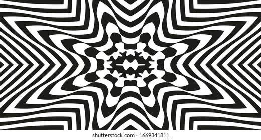 Abstrakter, schwarz-weißer, gestreifter Hintergrund. Geometrisches Muster mit visueller Verzerrungswirkung. Optische Illusion. Op Art.