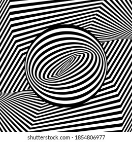 Abstrakter, schwarz-weißer, gestreifter Hintergrund. Geometrisches Muster mit visueller Verzerrungswirkung. Optische Illusion. Op Art.
