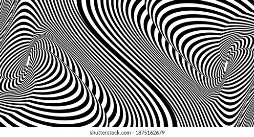 Abstract black and white striped background. Geometric pattern with visual distortion effect. Optical illusion. Op art.