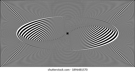 Abstract black and white striped background. Geometric pattern with visual distortion effect. Optical illusion. Op art.