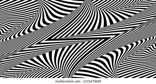Abstract black and white striped background. Geometric pattern with visual distortion effect. Optical illusion. Op art.