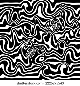 Abstract black and white striped background. Futuristic wavy pattern with distortion effect. Topographic deformation, zebra pattern.