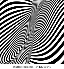 Abstract black and white striped background. Geometric pattern with visual distortion effect. Optical illusion. Op art.