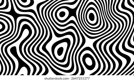 Fundo listrado preto e branco abstrato. Conceito de ilusão ótica. Arte hipnótica para papel de parede digital, pôster psicodélico ou design gráfico moderno.