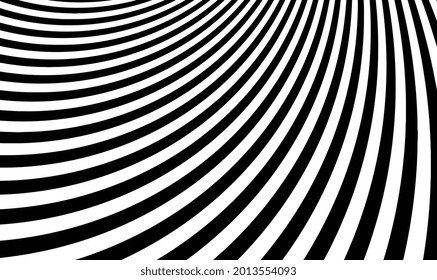 Abstract black and white striped curved background. Texture with wavy, curves lines. Optical art background. Wave design black and white. Digital image with a psychedelic stripes. Vector illustration