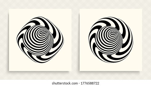 Abstract black and white striped figure. 3d geometric design. Optical art. Vector illustration with distortion effect. 