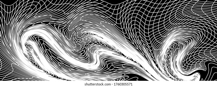 Abstract black and white striped grid background. Geometric pattern with the effect of visual distortion. Optical illusion. Op art