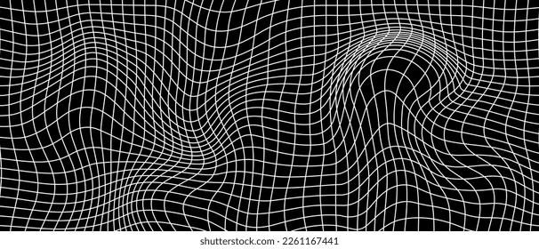 Abstract black and white striped grid background. Geometric pattern with the effect of visual distortion. Optical illusion. Op art. Vector EPS 10