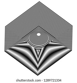 Abstract black and white striped hexagon. Geometric pattern with visual distortion effect. Optical illusion. Op art.