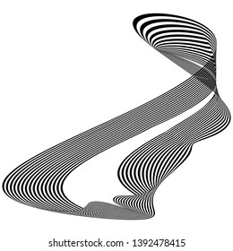 Abstract black and white striped object in the form of  ribbon. Geometric pattern with visual distortion effect. Optical illusion. Op art. Isolated on white background.