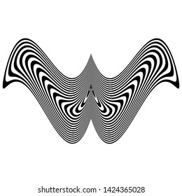 Abstract black and white striped object in  shape of wings.  Geometric pattern with visual distortion effect. Optical illusion. Op art. Isolated on white background.