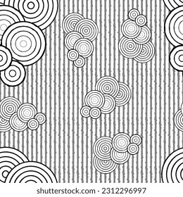 an abstract black and white striped pattern with swirls and circles, in the style of japanese woodblock prints, atmospheric clouds