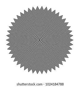 Abstract black and white striped round object. Geometric pattern with visual distortion effect. Illusion of rotation. Op art. Isolated on white background.