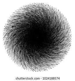 Abstract black and white striped round object. Geometric pattern with visual distortion effect. Illusion of rotation. Op art. Isolated on white background.