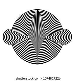 Abstract black and white striped round object. Geometric pattern with visual distortion effect. Illusion of rotation. Op art. Isolated on white background.