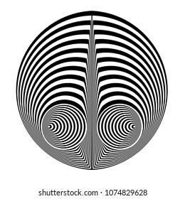 Abstract black and white striped round object. Geometric pattern with visual distortion effect. Illusion of rotation. Op art. Isolated on white background.