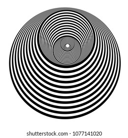 Abstract black and white striped round object. Geometric pattern with visual distortion effect. Illusion of rotation. Op art. Isolated on white background.