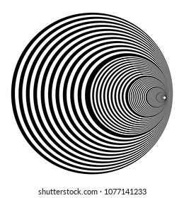 Abstract black and white striped round object. Geometric pattern with visual distortion effect. Illusion of rotation. Op art. Isolated on white background.