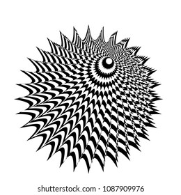 Abstract black and white striped round object. Geometric pattern with visual distortion effect. Illusion of rotation. Op art. Isolated on white background.