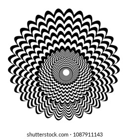 Abstract black and white striped round object. Geometric pattern with visual distortion effect. Illusion of rotation. Op art. Isolated on white background.