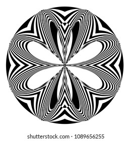 Abstract black and white striped round object. Geometric pattern with visual distortion effect. Illusion of rotation. Op art. Isolated on white background.