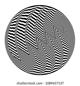 Abstract black and white striped round object. Geometric pattern with visual distortion effect. Illusion of rotation. Op art. Isolated on white background.