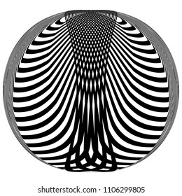 Abstract black and white striped round object. Geometric pattern with visual distortion effect. Illusion of rotation. Op art. Isolated on white background.