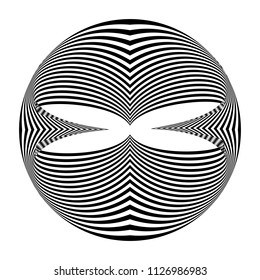 Abstract black and white striped round object. Geometric pattern with visual distortion effect. Illusion of rotation. Op art. Isolated on white background.
