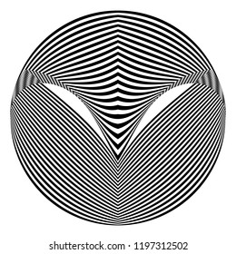 Abstract black and white striped round object. Geometric pattern with visual distortion effect. Optical illusion. Op art. Isolated on white background.