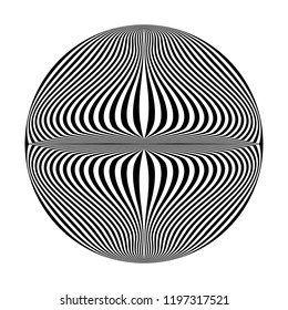 Abstract black and white striped round object. Geometric pattern with visual distortion effect. Optical illusion. Op art. Isolated on white background.