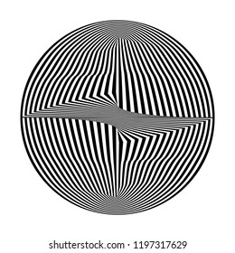 Abstract black and white striped round object. Geometric pattern with visual distortion effect. Optical illusion. Op art. Isolated on white background.