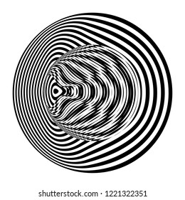 Abstract black and white striped round object. Geometric pattern with visual distortion effect. Optical illusion. Op art. Isolated on white background.