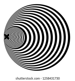 Abstract black and white striped round object. Geometric pattern with visual distortion effect. Optical illusion. Op art. Isolated on white background.