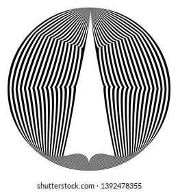 Abstract black and white striped round object. Geometric pattern with visual distortion effect. Optical illusion. Op art. Isolated on white background.
